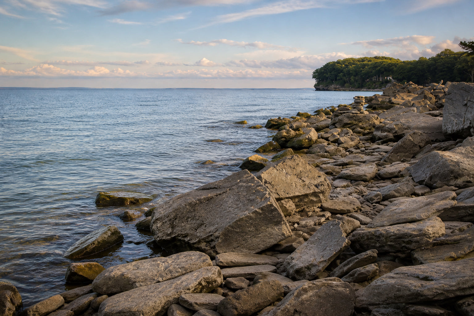 Lake Ontario rocky shoreline near Nine Mile Point, big-water horizon at late afternoon