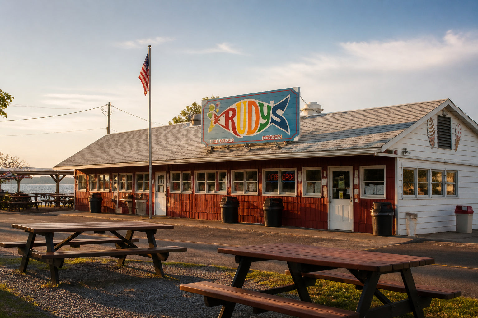 Rudy's Lakeside Drive-In, the iconic red-sided shack with hand-painted signage on the Oswego lakeshore