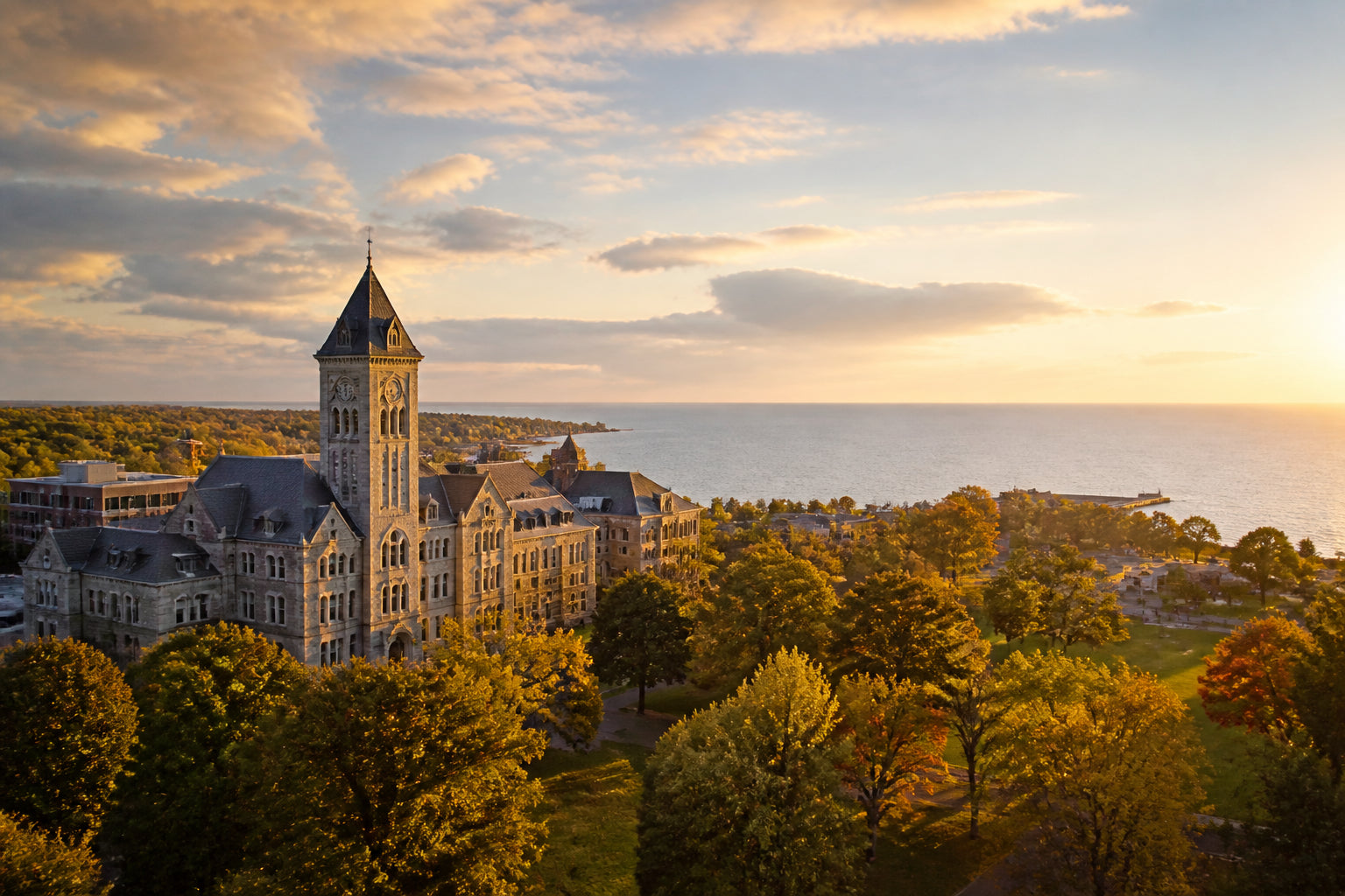 SUNY Oswego campus on the Lake Ontario shoreline at golden hour, Sheldon Hall in the foreground